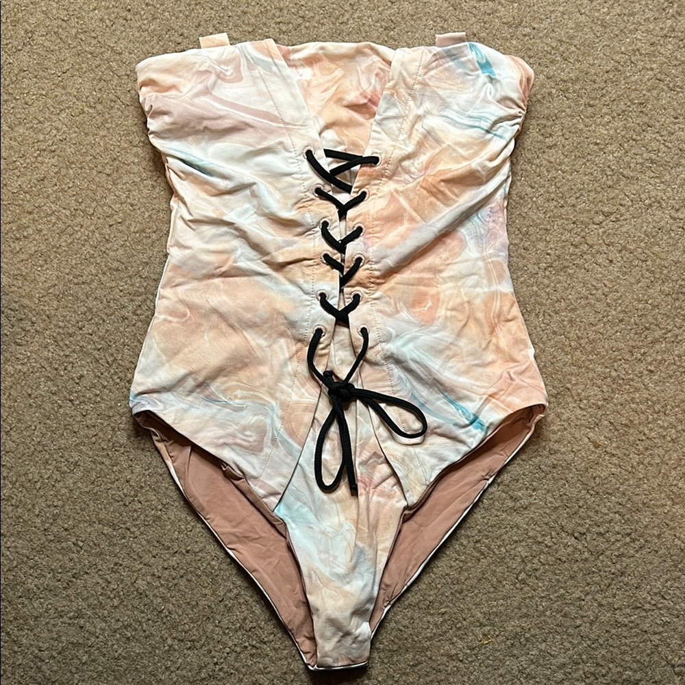 Marysia Lace-Up One Piece Swimsuit with Pastel Marble Design 🍑